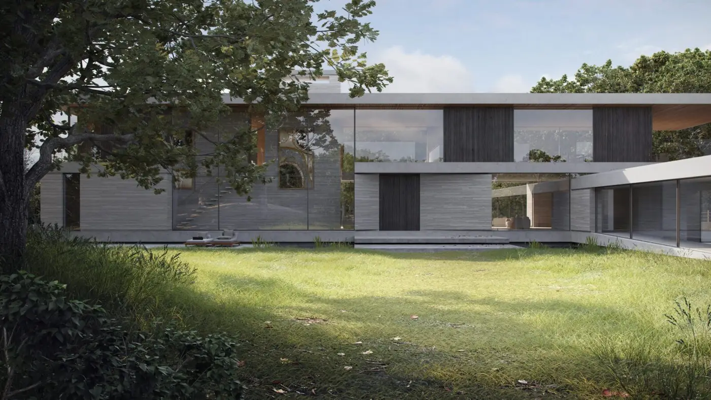 Contemporary country house built of limestone and timber