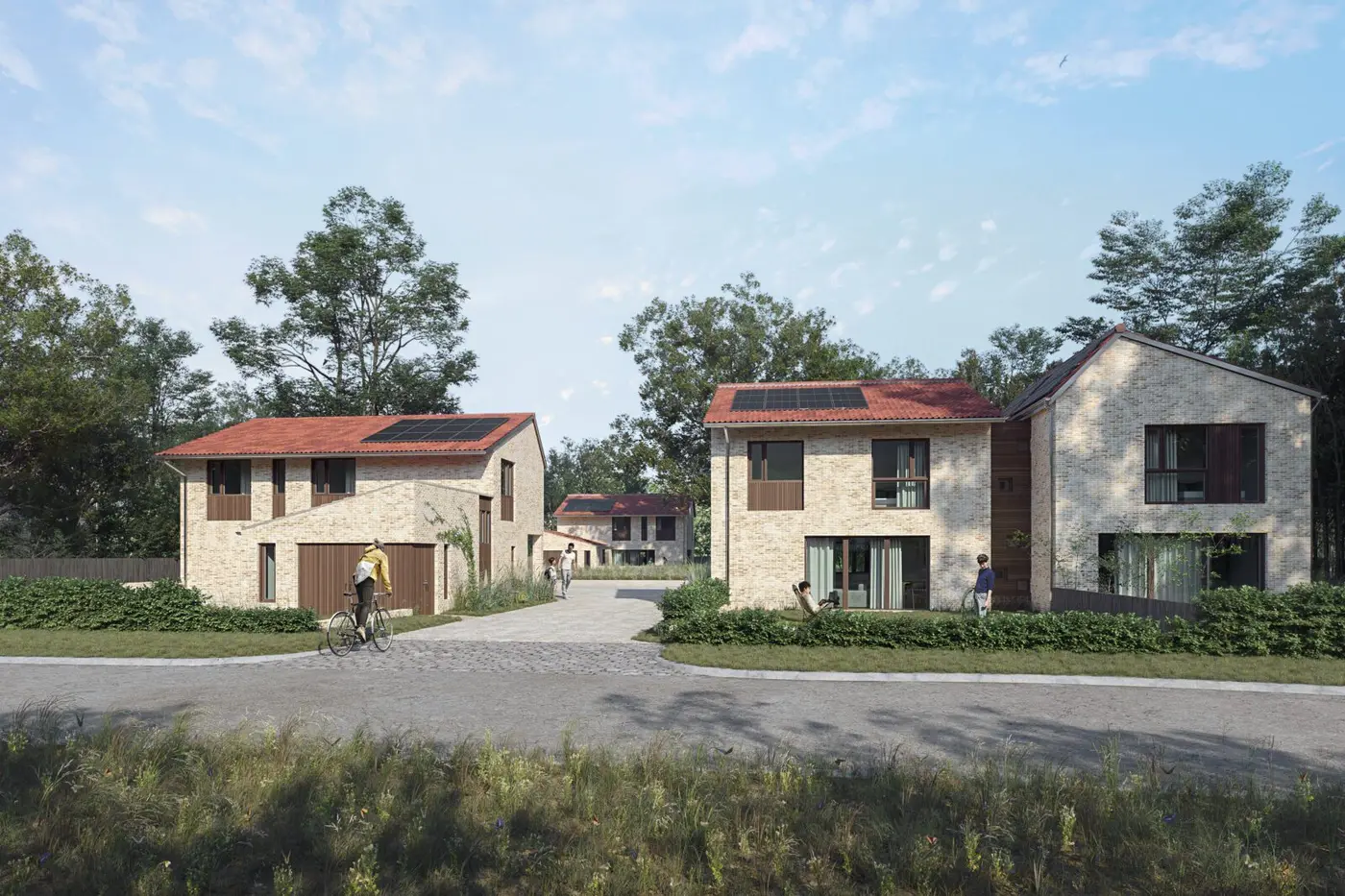 Street view of sustainable houses in Hampshire, New Forest