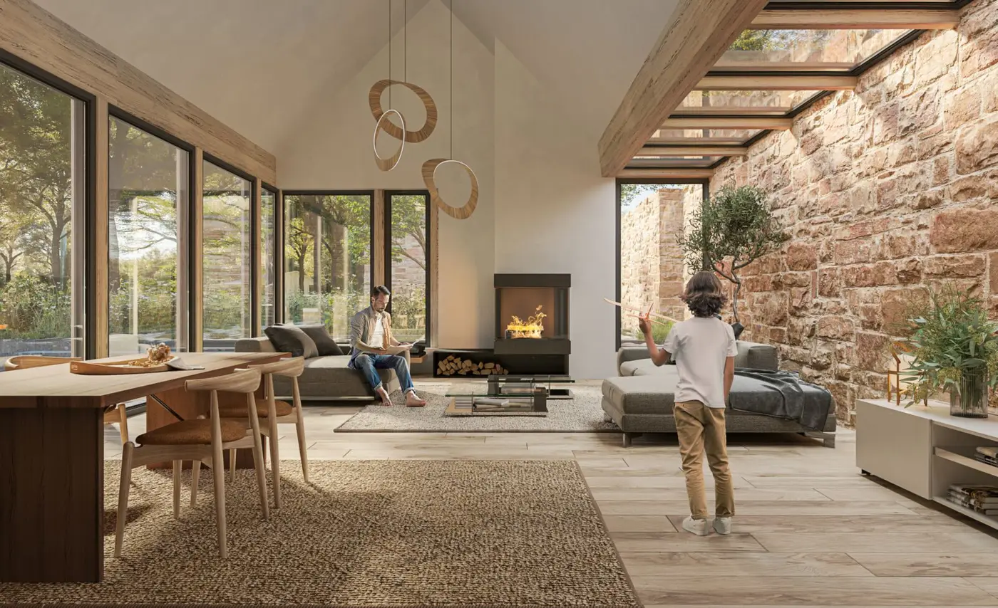 An exposed clunch wall brings the historic character through